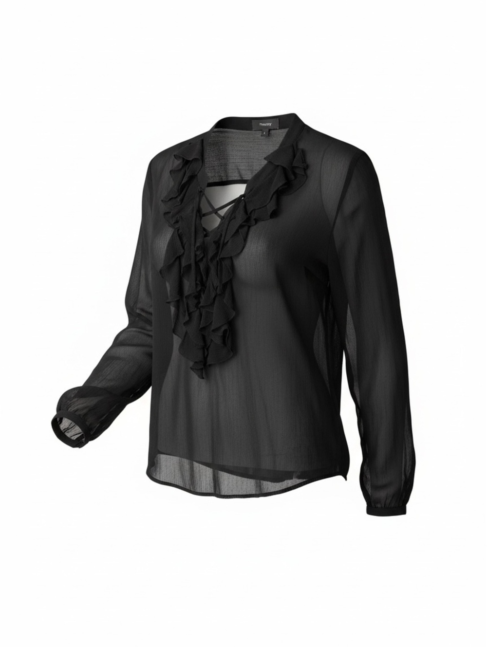 Theory 100% Silk Ruffle Blouse L Black Sheer Pirate Victorian Goth Romantic